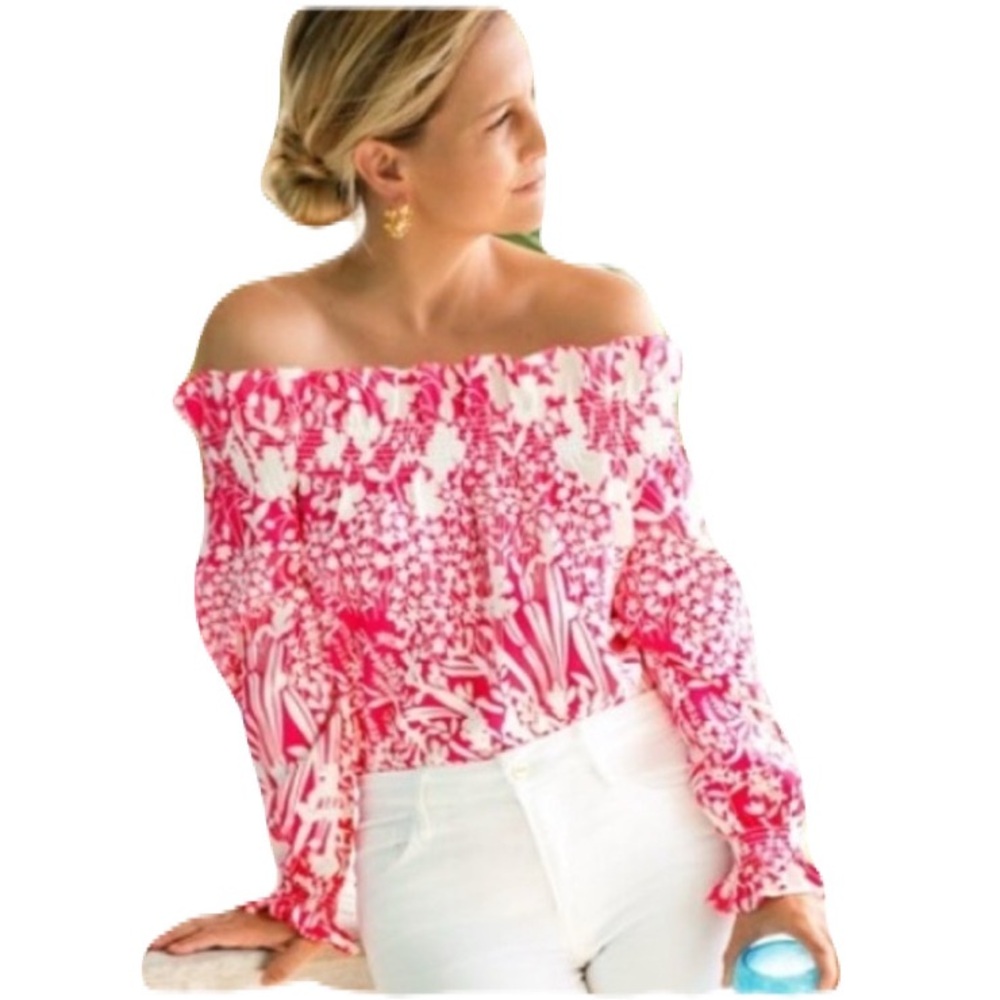 Tuckernuck Pink and White Off-Shoulder Floral Blouse
